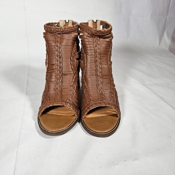 Dingo Jeezy Tan Brown Braided Leather Sandals Chunky Heel Fringe Detail Boho 10 - Picture 4 of 13